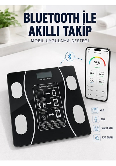 Akıllı Cam Baskül Bluetooth Mobil Uygulamalı Vücut İz Tartısı 180 Kg Lcd Ekran Çok Renkli