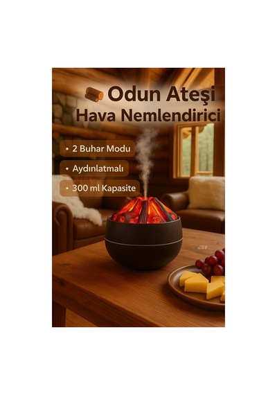 Koyu Ahşap Görünümlü Odun Ateşi Tasarımlı Difüzör Led Işıklı, 2 Buhar Modlu Hava Nemlendirici