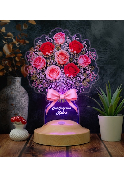 Kırmızı Ve Pembe Gül Buketi Led Lamba Kişiye Özel Sevgili, Eş Ve Yıldönümü Hediyesi