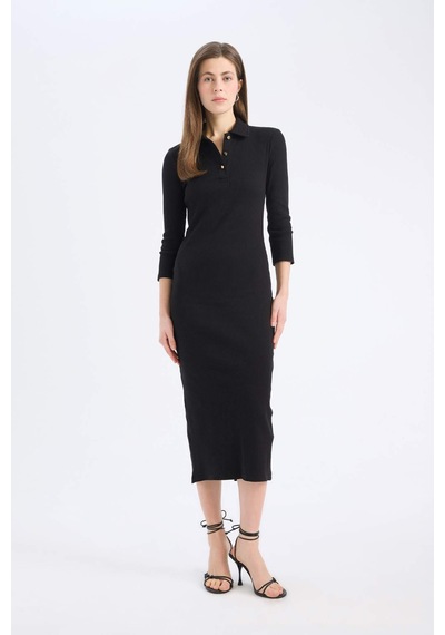 DeFacto Bodycon Vücudu Saran Polo Yaka Basic Düz Fitilli Kaşkorse Yarım Kollu Midi Elbise E2245AX25SPBK81 DeFacto Bodycon Vücudu Saran Polo Yaka Basic Düz Fitilli Kaşkorse Yarım Kollu Midi Elbise E2245AX25SPBK81