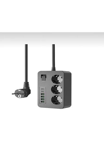 3 Lü Akım Korumalı Grup Priz 4 Usb + 2 Usb-c Çıkışlı, 2 Metre Kablolu, Çocuk Korumalı, Açma Kapama Anahtarlı 2 M