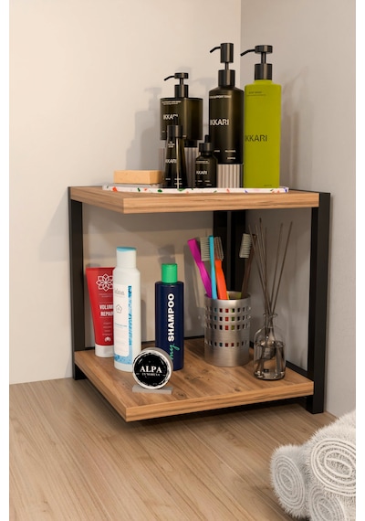 İki Raflı Banyo Köşe Kare Düzenleyici Organizer Raf Metal Gövdeli Çok Amaçlı Banyo Standı Atlantik Çam