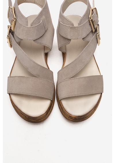 Luvishoes Lorentıs Bej Süet Hakiki Deri Çift Tokalı Kadın Sandalet