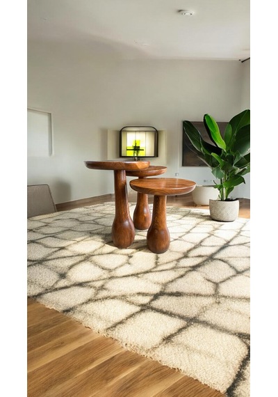Wood Ahşap 3 Lü Set Fitilli Mantar Yan Sehpa Boğumlu Model / Açık