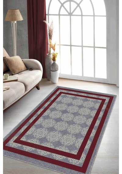 Bordo Çerçeveli Kaymaz Taban Makinede Yıkanabilir Halı Rv087n11