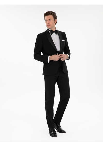 Cacharel Siyah Slim Fit Yün Karışımlı Yelekli Smokin Dmatlık