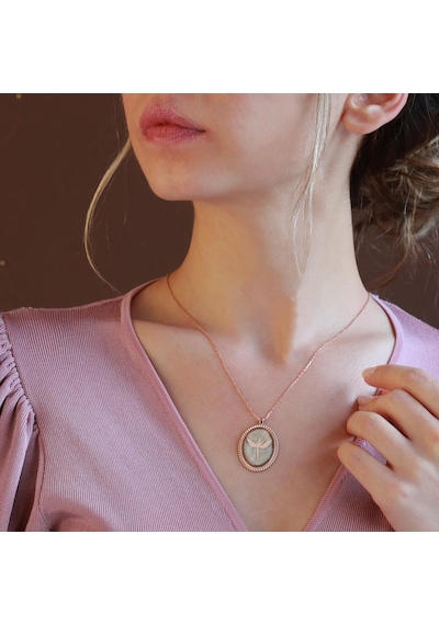 Mikail Meleği Beyaz Mine İşli Rose Gold Kaplama Gümüş Kolye Gümüş