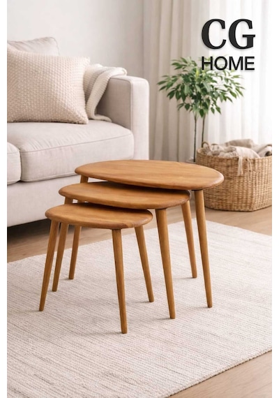 Ant Home Damla Model İskandinav Masif Kayın 3 Lü Zigon Sehpa Doğal Kayın Panel Vernikli Modern Tasarım Naturel
