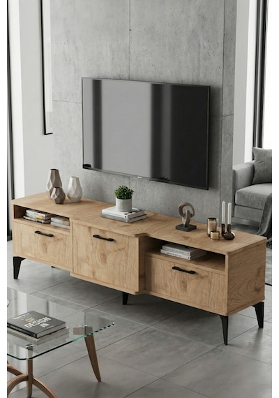 Tv Sehpası 160 Cm Kapaklı Raflı Televizyon Ünitesi Salon Oturma Odası Tv Sehpa Mistral Bej