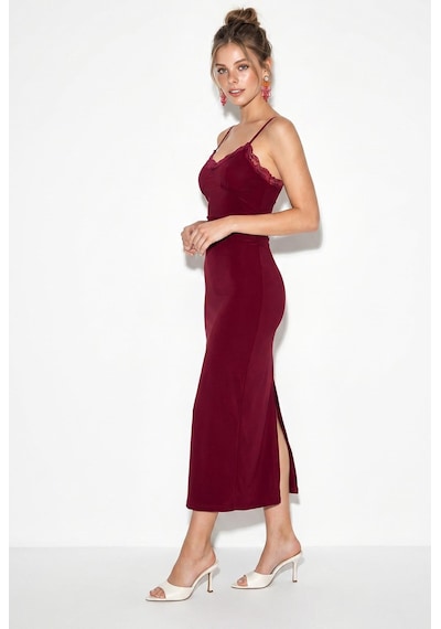 Shade Kadın İnce Askılı Dantel Detaylı V Yaka Vücuda Oturan Maxi Elbise 2338 60286243 - Bordo