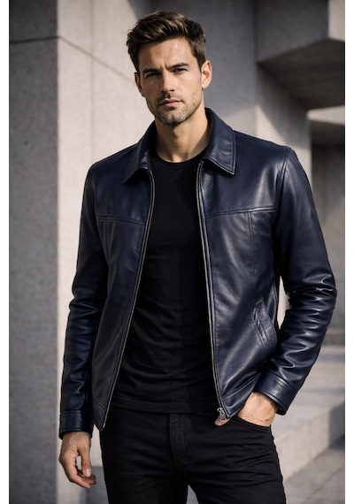 Viamod Leather Erkek Hakiki Deri Ceket Lacivert Premium Slim Fit Klasik Model Gerçek Deri Mont Üretici Garantili Koyu Lacivert