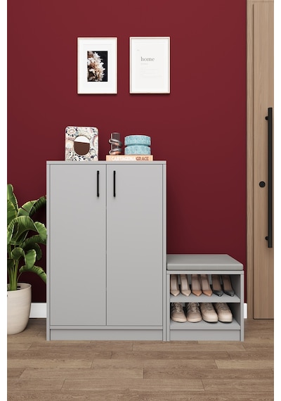 Asra Trend Puflu Ayakkabılık A-23 %100 MDF Minderli Geniş Portmanto Kül Gri