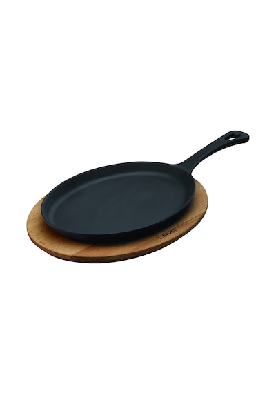 Lava Döküm Oval Fajita Tavası. Saplı ve Ahşap Altlıklı.