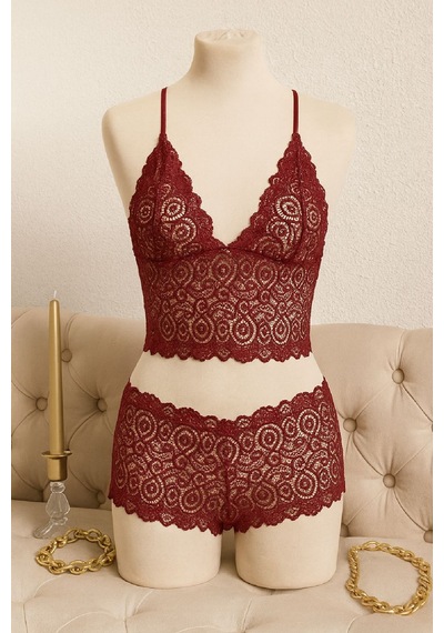 Epilons Zenviaatt2 Kadın Bordo Dantel Bralet Şort Takımı Asil Ve Sofistike İç Giyim Zenvi312