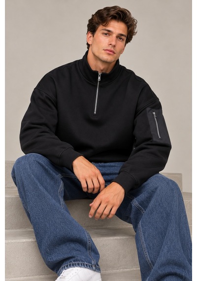 Tarz Cool Erkek Siyah Oversize Sweatshirt Yarım Fermuarlı Dik Yaka Kol Cepli 3 İplik Şardonlu Kışlık Sweat
