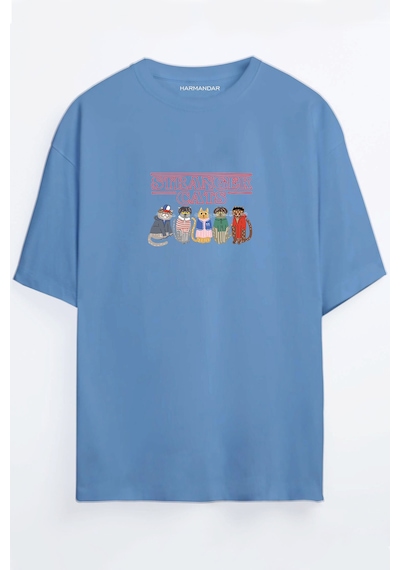 Stranger Cats Baskılı Unisex Siyah - Beyaz -turuncu - Bej Oversize T-shirt Mavi