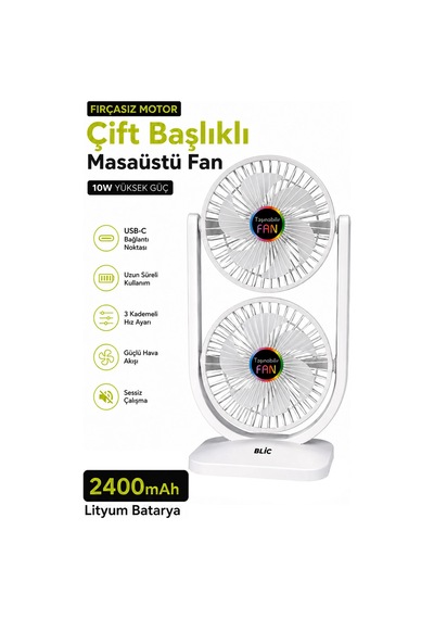 Exenar - Beyaz - Çift Başlıklı Masaüstü Fan Brushless Motor 10w Güçlü Vantilatör Ayarlanabilir Başlık 2400 Mah Şarjlı