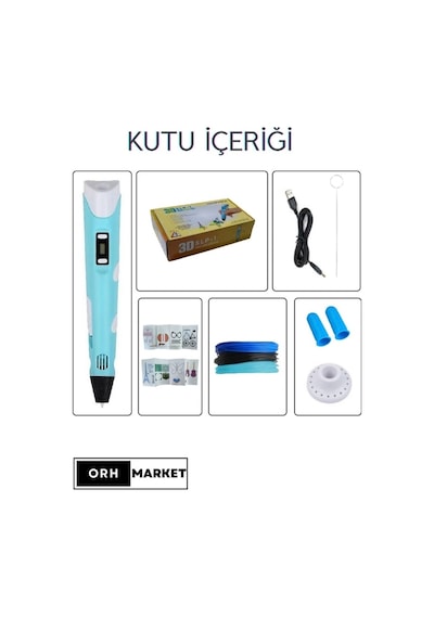 Mavi  3D Kalem 3D Pen Yazıcı Kalem – 3 Adet 3 Metrelik PLA Filament (Toplam 9M) + USB Kablo