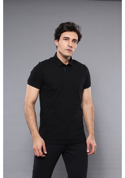 Yake Store Polo Yaka Düz Siyah T-shirt Wessi - Siyah