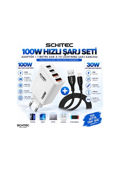 Schitec 100w 4 Çıkışlu Hızlı Şarj Başlığı Ve Usb-a To Lightning 30w Hızlı Data Ve Şarj Kablosu