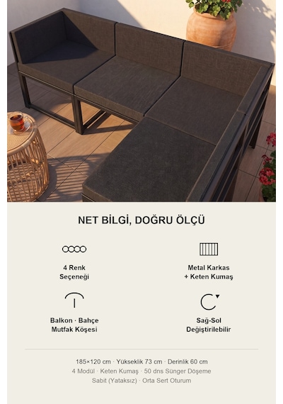 Nora Metal Karkas 4'lü Köşe Koltuk Takımı Keten Dokuma, Sağ-sol Modüler Siyah