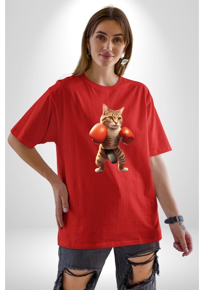Boks Yapan Kedi Pamuklu Bisiklet Yaka Unisex Oversize Boyfriend Dijital Baskılı Kırmızı T-shirt Kırmızı