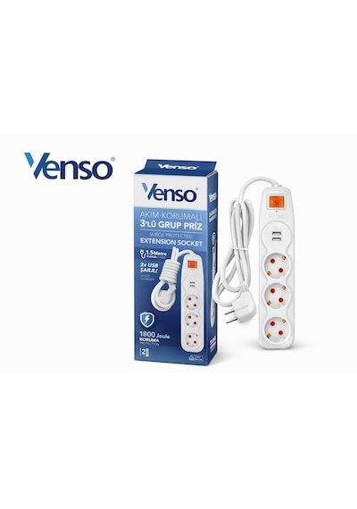 Venso Akım Korumalı 3 Lü Grup Priz 2 Usb Li, 1.5 Metre Kablolu 1,5 m