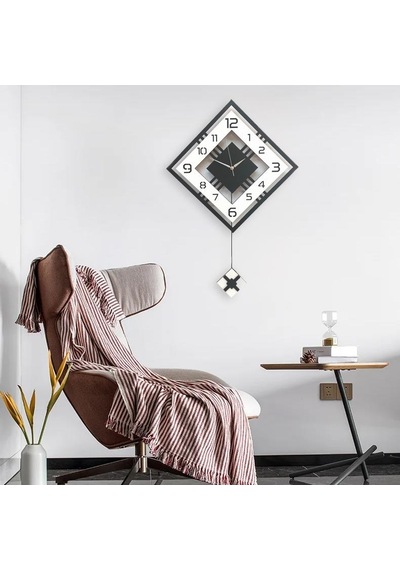 Dörtgen Geometrik Tasarım 50 Cm Modern Ahşap Sarkaçlı Duvar Saati Siyah Beyaz