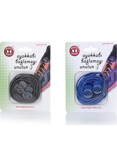 Magic Locks Yuvarlak Akıllı Ayakkabı Bağcık 2'li Set Gri-Mavi