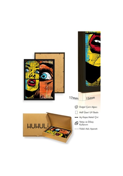 Doğal Ahşap Çerçeveli Soyut Pop Art Desenli Tablo - Sarı-mavi Huhu1787