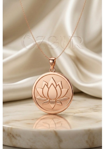 925 Ayar Gümüş Lotus Çiçeği Madalyon Kolye Rose Gold