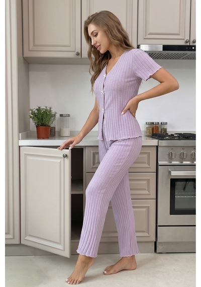 Bella Notte Lila Kısa Kollu V Yaka Pamuklu Fiyonklu Pijama Takımı