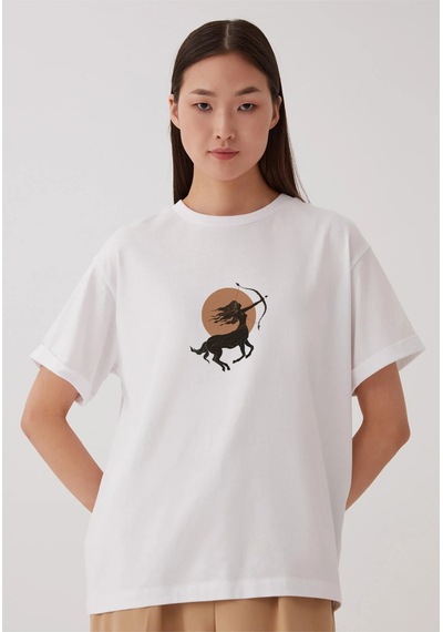 Noıssey Yay Burcu Tasarımlı Baskılı - Unisex Oversize Beyaz T-shirt Çok Renkli