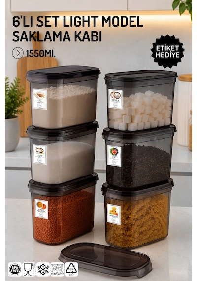 1,55lt. Etiketli Light Model 6'lı Set Saklama Kabı - 1,55lt. Antrasit