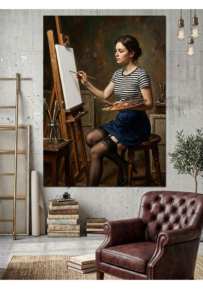 Şövale Başında Resim Yapan Kadın Ressam Dekoratif Kanvas - Mdf Ahşap Tablo Çok Renkli