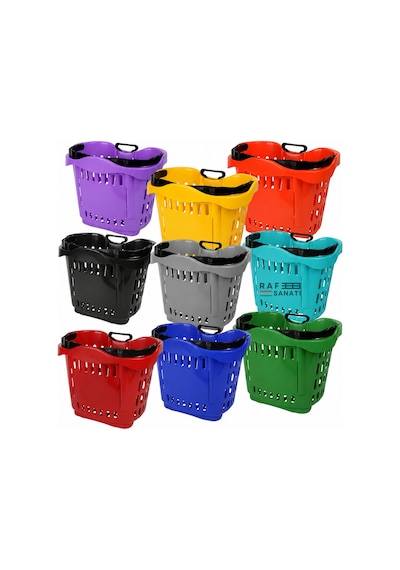 5 Adet - 43 Lt Tekerlekli Market Sepeti Plastik Alışveriş Sepeti Ergonomik Çift Saplı Mavi