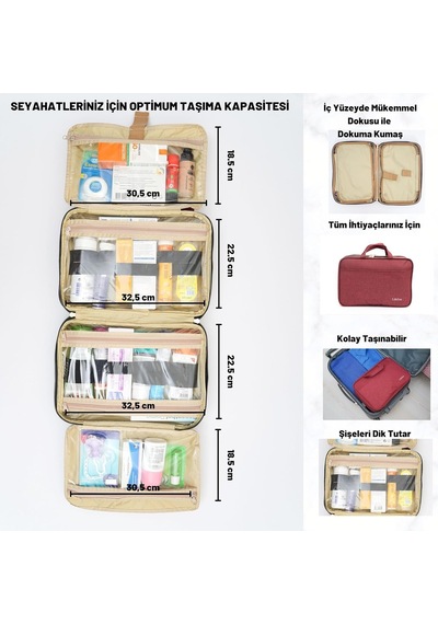 Xmlbayiciniz Lifezon Makyaj Seyahat Çantası Bavul Düzenleyici Makyaj Bavulu Çanta Kozmetik Bakım Çantası Bordo Çok Renkli