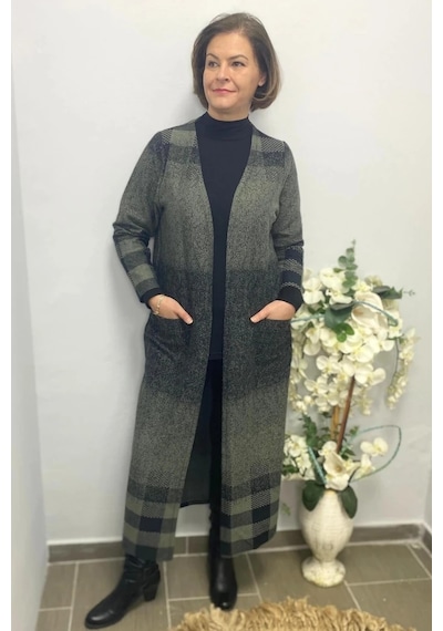 Mia Butik Büyük Beden Haki Siyah Kare Desenli Uzun Hırka Haki