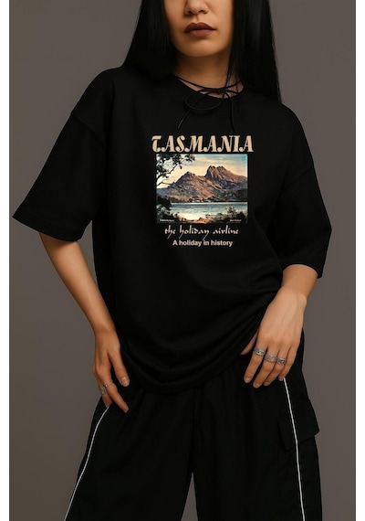 Tasmania Baskılı Unisex Oversize Tişört SIYAH