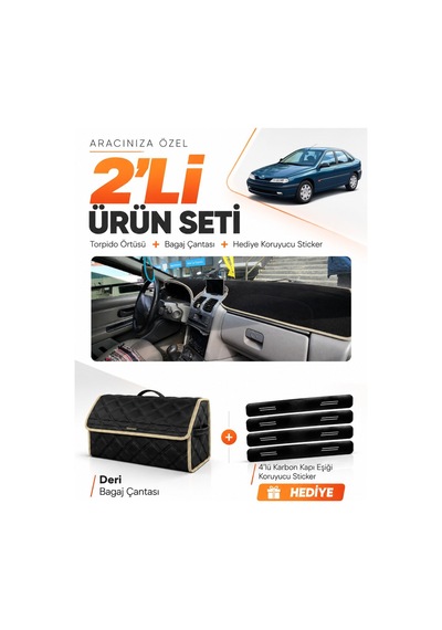 Renault Laguna 1 Aırbagli 2000-2007 Uyumlu Torpido Örtüsü + Deri Bagaj Çantası Seti - Siyah Bej
