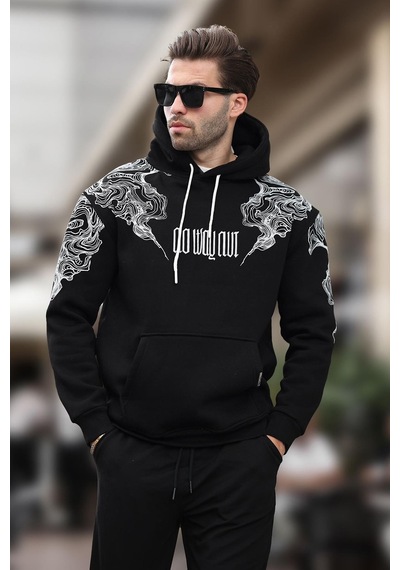 Madmext Siyah Kapüşonlu Cep Detaylı Baskılı Erkek Sweatshirt 7052-siyah Siyah