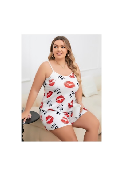 Lily Bianca Nightwear Desenli Askılı Ve Şortlu Büyük Beden Penye Gecelik Beyaz