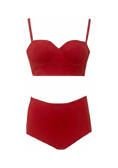 Zi Kırmızı Yüksek Bel Bikini Alt Üst Takım
