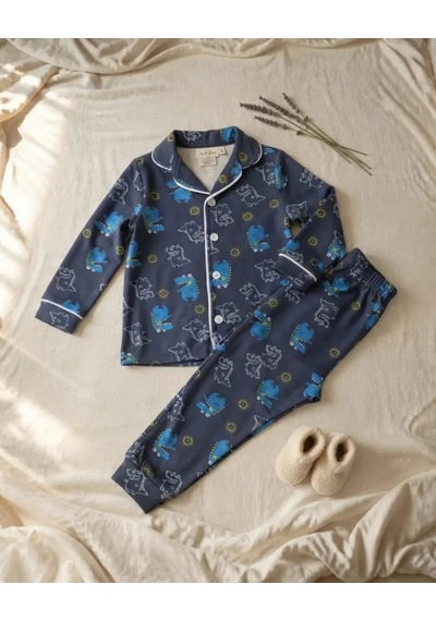 Genel Markalar Mavi Dinosaur Baskılı Pamuklu Kız Çocuk Pijama Takımı Mevsimlik
