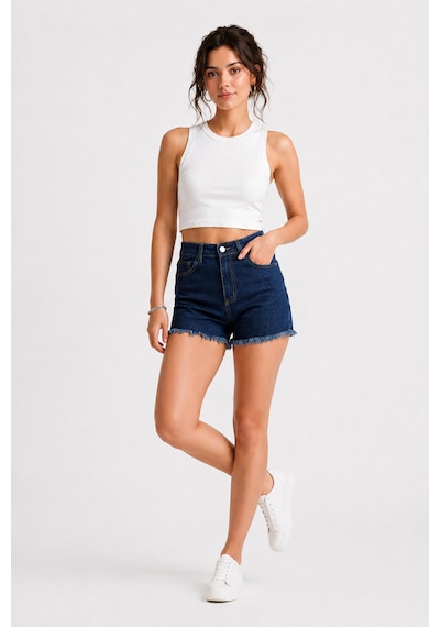 Layal My Beauty Lmb Kadın Jeans Yüksek Bel Likralı Paçası Püsküllü Denim Kot Şort Yeni Sezon New1 Lacivert