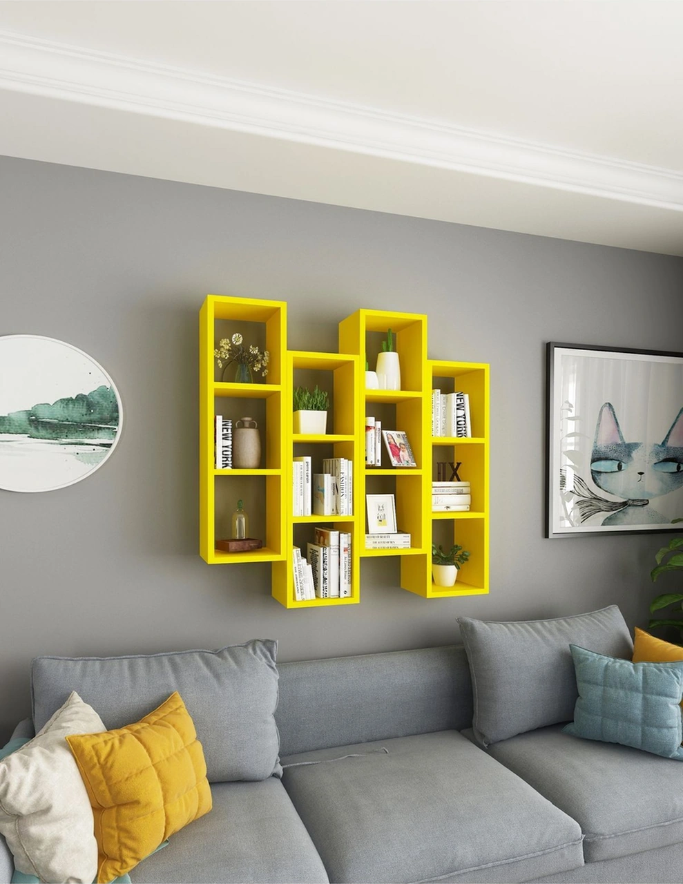 Kitaplık Mobilya Duvar Rafı Salon 4 Lü Takım Sarı Sarı