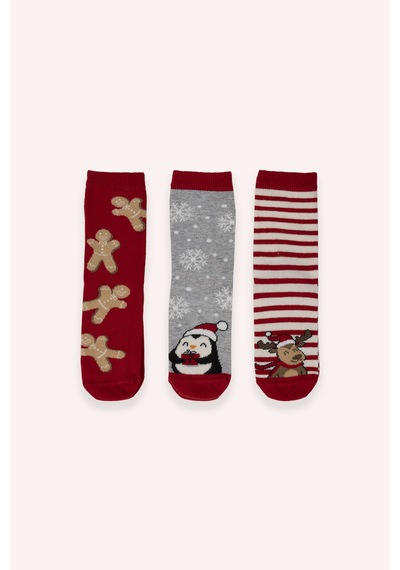 Panço Unisex Çocuk Yılbaşı Konseptli 3'lü Soket Çorap Renkli