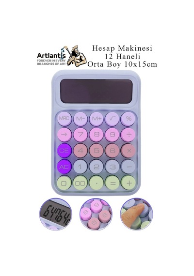 Hesap Makinesi Orta Boy Masaüstü 1 Adet 12 Haneli Yuvarlak Tuşlu Renkli Hesap Makinası 10x15 Cm Renkli Büro Ofis Öğrenci Çok Renkli