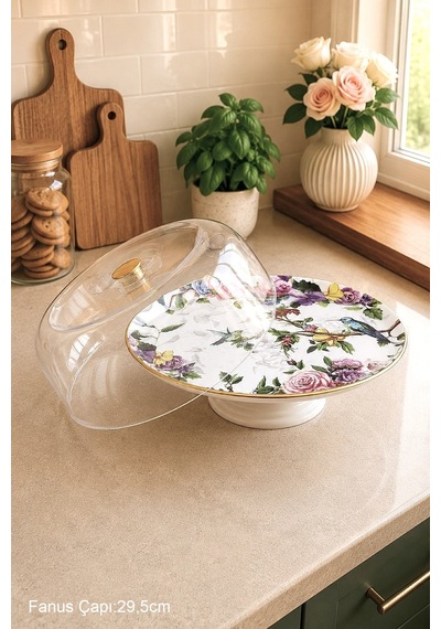 Flora 8 Parça Kuş Desenli Seramik Pasta Sunum Tabağı Seti Çok Renkli