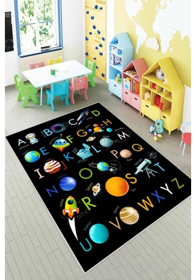 Alfabe Gezegen Desenli Baskılı Yıkanabilir Kaymaz Çocuk Odası Anaokulu Kreş Halısı Oyun Halısı Çok Renkli
